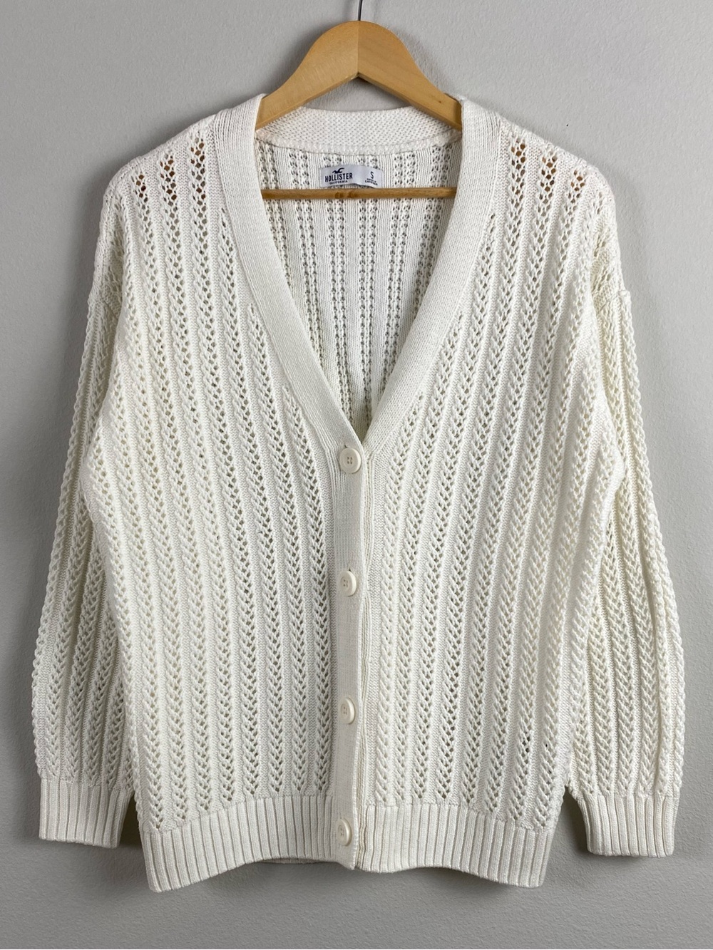 Hollister Open Knit Long Sleeve Sweater Cardigan | V Neck, Drop Shoulder | White